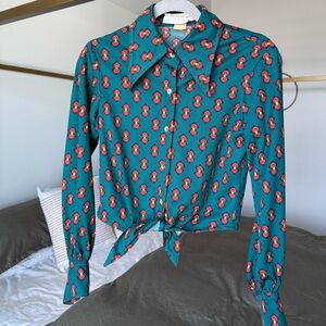 Vintage 60s 70s Geometric Print Long Sleeve Shirt Dagger Collar Tie Front